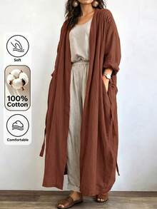 Linhara CURVE Jaket Linen Panjang Kasual Wanita, Pakaian Luar Kasual untuk Jalan-jalan dan Berpergian - Rust Brown - View 1