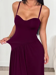 SHEIN PETITE 女款純色百褶優雅收腰派對細肩帶洋裝 - 紫色 - 查看 12