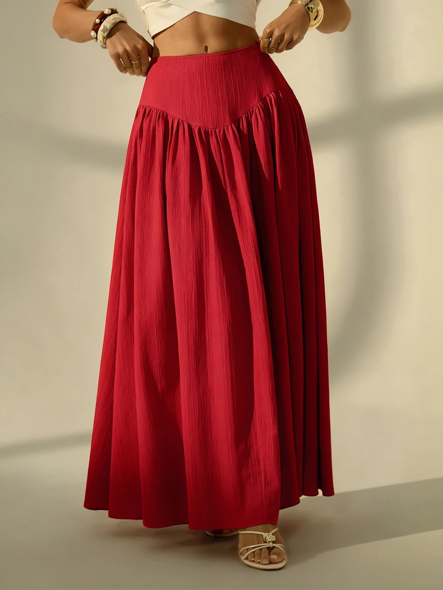 SHEIN Tall 女款素色百褶休閒百搭日常穿著裙 - 紅色 - 查看 1