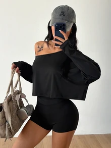 Coolane Women's Summer Going Out Run Yoga Streetwear Stretchy Comfortable Off Shouldera Sweater Black 2pcs - Black - View 5