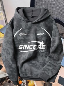 男士大學運動字母印花仿雪洗衛衣 - 灰色 - 查看 3
