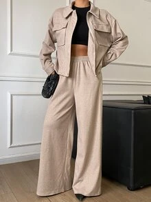 DAZY Women's Beige Lapel Zipper Pocket Long Sleeve Jacket With Matching High Waist Loose Wide Leg Pants 2 Pieces Set - Khaki - View 5