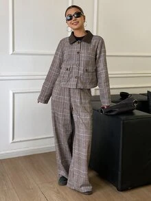 DAZY Women's Brown Plaid Lapel Button Pocket Long Sleeve Cropped Jacket With Matching High Waist Loose Wide Leg Long Pants 2 Pieces Set - Black - View 1