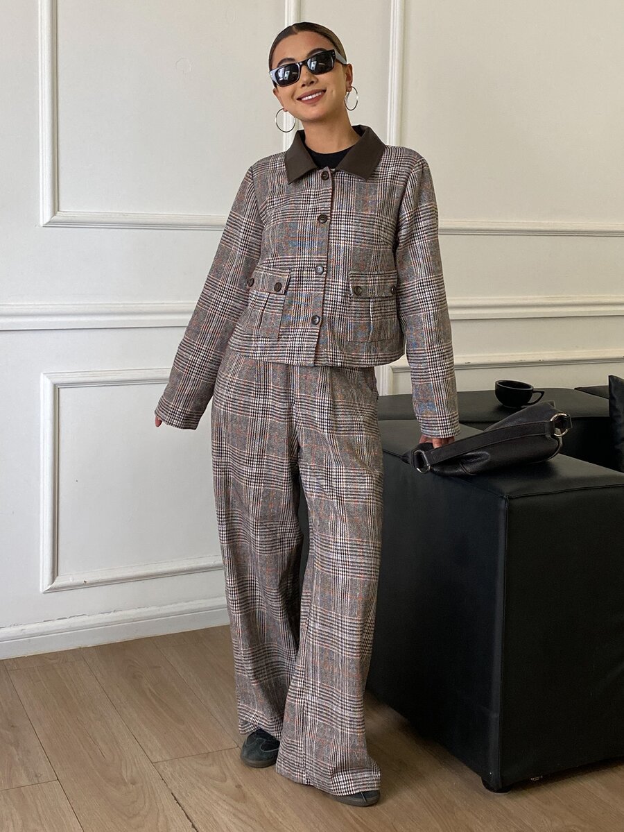 DAZY Women's Brown Plaid Lapel Button Pocket Long Sleeve Cropped Jacket With Matching High Waist Loose Wide Leg Long Pants 2 Pieces Set - Black - View 1