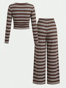 SHEIN Tween Girl Striped Long Sleeve T-Shirt And Pants Casual Daily Outfit - Coffee Brown - View 4