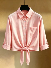 Franclia Blus Wanita Lengan Panjang Warna Pink Musim Semi/Gugur dengan Tali Pinggang dan Manset Gulung, Panjang Pendek yang Melangsingkan - Berwarna merah muda - View 3