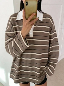 DAZY 女款對比色條紋領鈕扣寬鬆長袖T恤 - 黑色 - 查看 4