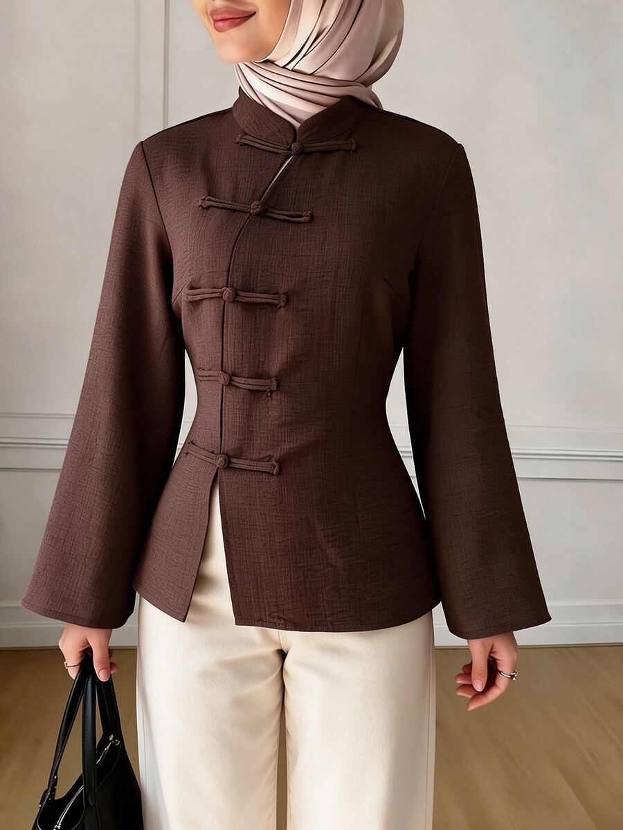 Celisse Women's Brown Frog Button Asymmetrical Collar Stand Collar Flared Sleeve Long New Chinese Style Shirt, Elegant Commute, Spring/Autumn - Brown - View 1