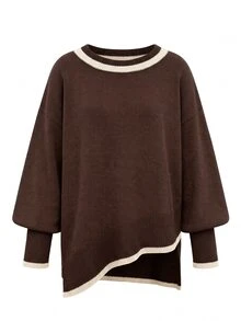 Balvessa Contrast Trim Round Neck Dropped Shoulder Lantern Sleeve Asymmetrical Hem Loose Slouchy Women's Knit Sweater - Multicolor - View 5