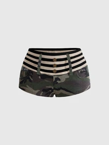 ROMWE Celana Pendek Denim Wanita Motif Kamuflase Patchwork Bergaris Gaya Y2K Millennium Hot Girl dengan Pinggang Sangat Rendah - Hijau Tentara - View 1