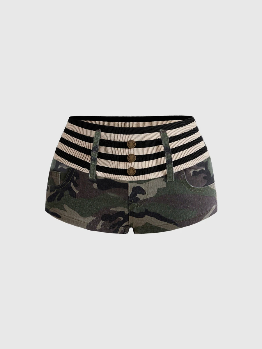 ROMWE Celana Pendek Denim Wanita Motif Kamuflase Patchwork Bergaris Gaya Y2K Millennium Hot Girl dengan Pinggang Sangat Rendah - Hijau Tentara - View 1