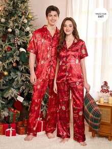 CoupledUp Christmas Print Lapel Cardigan Men's Pajama Set, Holiday Home Comfortable Long Pants 2 Pieces Set - Multicolor - View 6