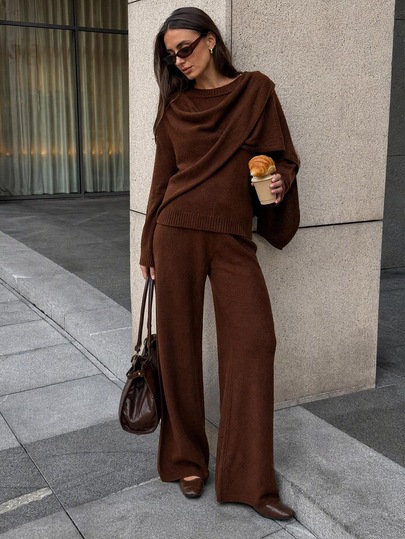 SHEIN Women Shawl Wrap Detailed Brown Loose It Casual Sweater And Sweater Pant 2pcs Set Co-Ords
