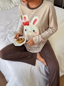 DAZY Cute Rabbit Pattern Loose Long Sleeve T-Shirt & Straight Leg Long Pajama Pants 2pcs Set Women's Loungewear - Brown - View 1