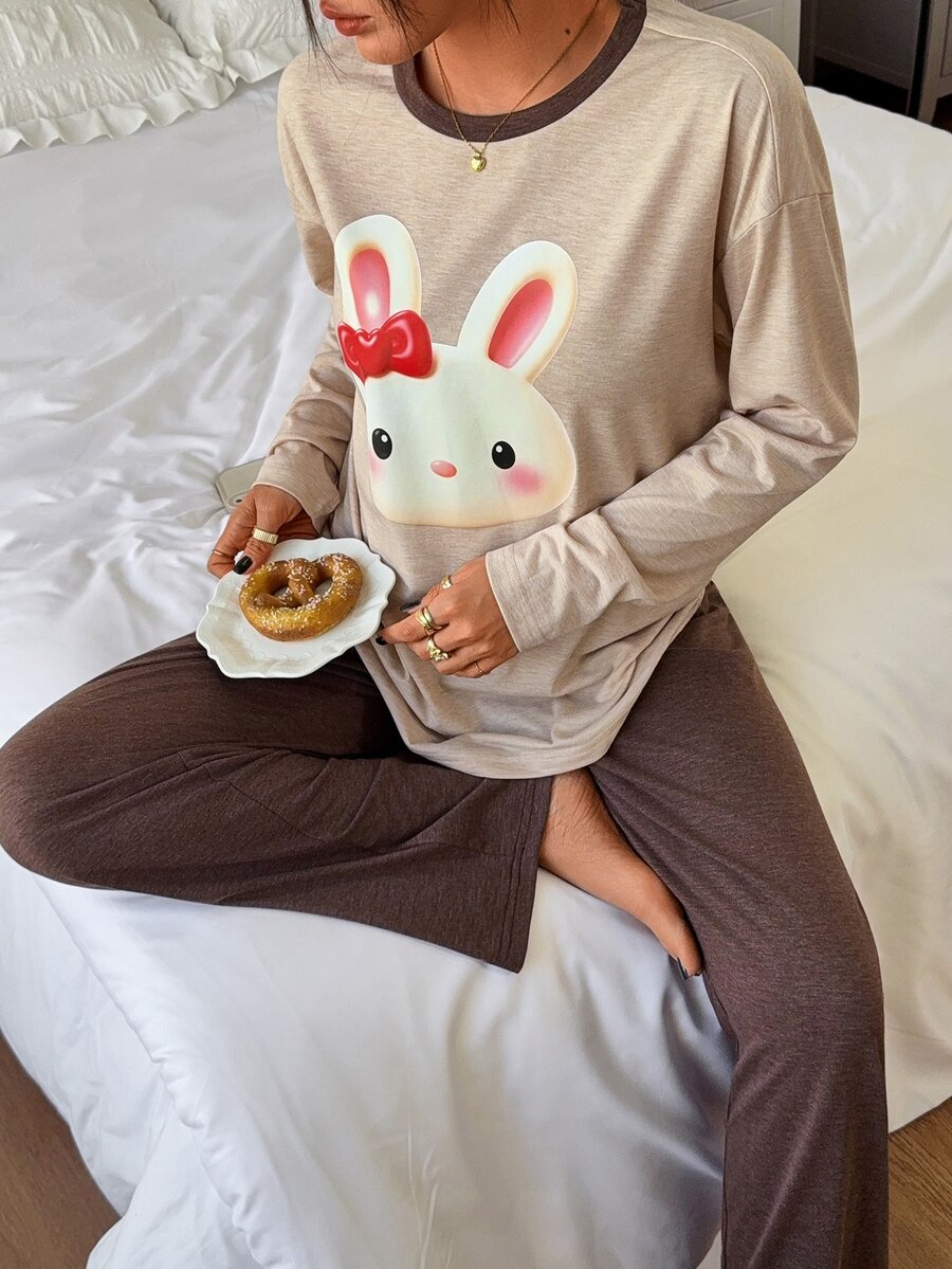 DAZY Cute Rabbit Pattern Loose Long Sleeve T-Shirt & Straight Leg Long Pajama Pants 2pcs Set Women's Loungewear - Brown - View 1