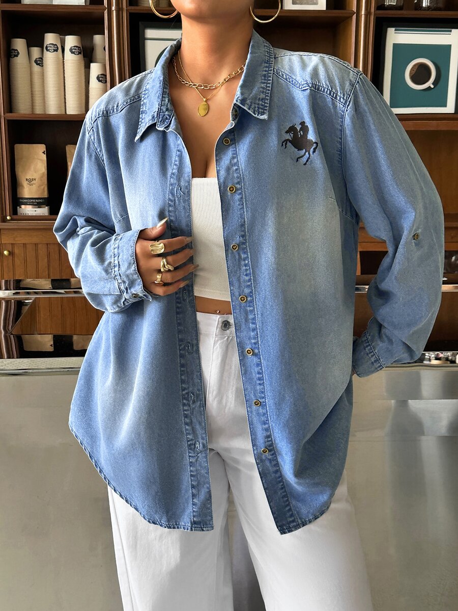 Rivivi Plus Size Knight Print Button Long Sleeve Denim Top - Blue - View 1