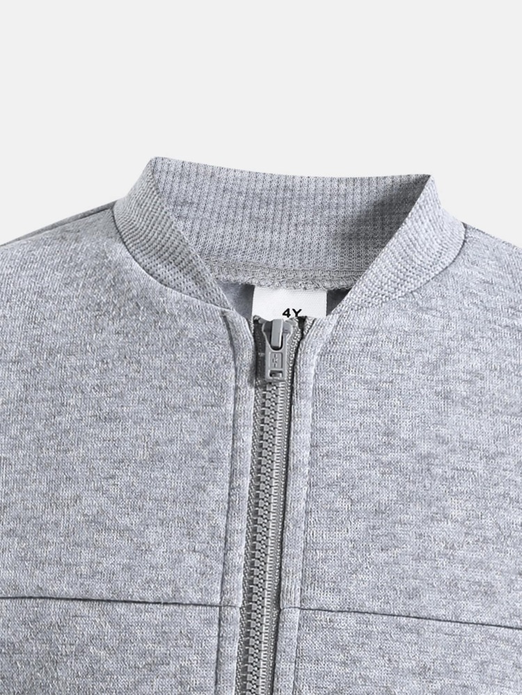SHEIN Bộ đồ casual cho bé gái gồm áo khoác cổ bóng chày kéo khóa màu trơn và quần ống rộng - Xám - Xem 3