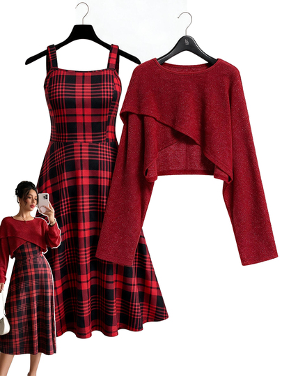 GlowEve CURVE Plus Size Women's Best-Selling Elegant Christmas Solid Color Asymmetrical Knit Cover Up + Classic Plaid Print Knit Spaghetti Strap Dress Contrast Color 2 Pieces Set, Minimalist Design Suitable For Daily Commute, Outings, Holiday Dates And Gatherings