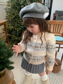 DAZY Infant/Toddler (Girl) Round Neck Floral Korean Style Autumn/Winter Casual Knit Sweater - Dusty Blue - View 9