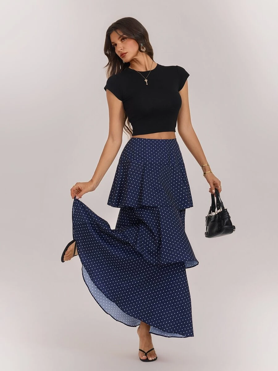 SHEIN Tall Navy Blue Polka-Dot Maxi Skirt With Exaggerated Tiered Ruffles For Tall Women - Navy Blue - View 1