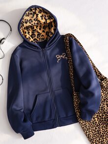 Tween Girl) Cute Sweet Vacation Casual Versatile Floral Bow Print Double Layer Hooded Zip-Up Pocket Loose Jacket, Autumn/Winter - Blue - View 3
