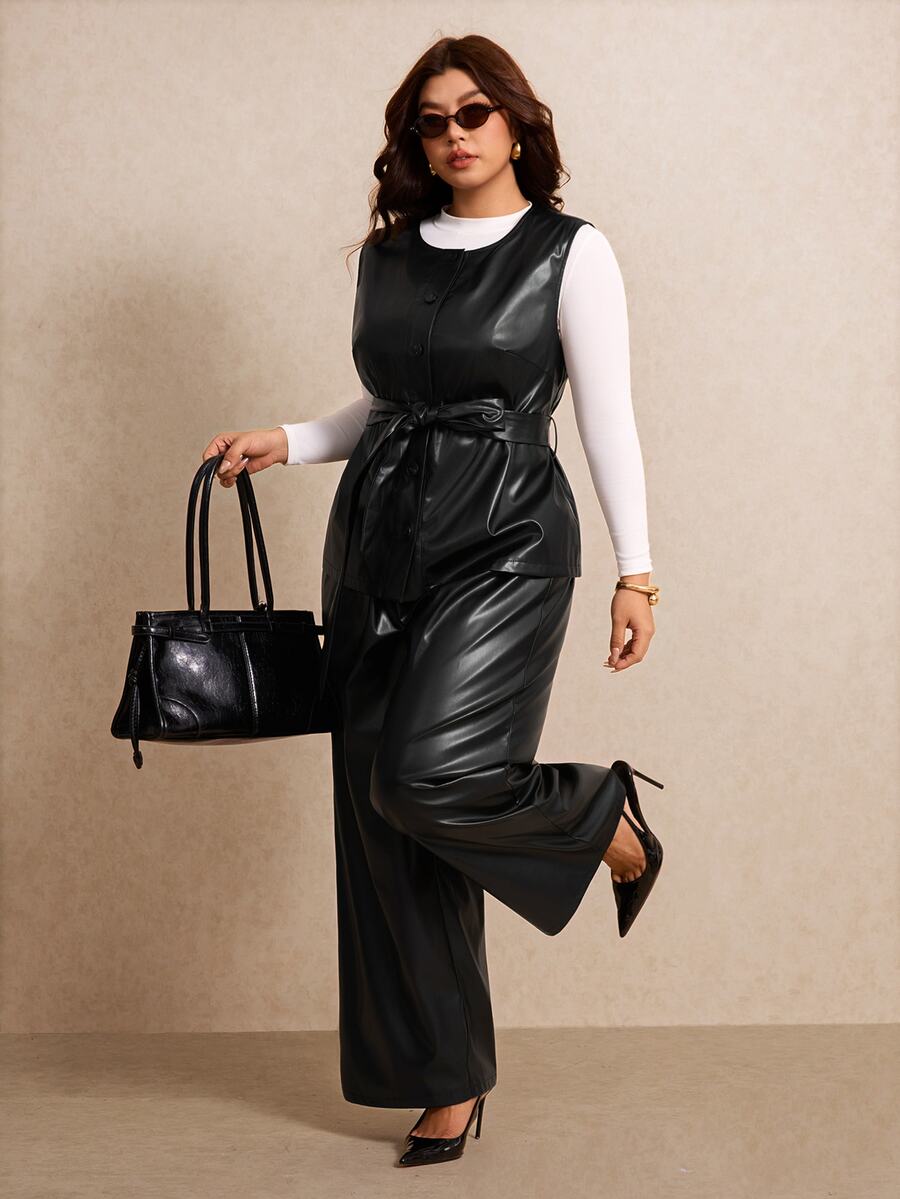 Elaquor Plus Size Elegant Goth Button PU Material Vest Jacket And Loose Long Pants 2 Pieces Set Office Going Out Evening Party Fall/Winter Black - Black - View 1