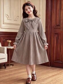 Tween Girl Tween Girl Tween Girl Tween Girls Long Sleeve Plaid Cinched Waist Bow Exaggerated Collar Long D - Khaki - View 8