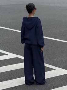 Muchica 女款 2 件組休閒極簡連帽衫套裝，純色運動衫套裝，適合約會、度假、派對、日常穿著、聚會、戶外活動 - 藏蓝色 - 查看 2