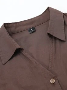 Editum Women's Coffee Brown Elegant Commute Casual Shirt-Style V-Neck Long Dress With Button Decor And Ruched Detail, Slimming And Neck-Elongating - Coffee Brown - View 9