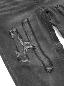 Manfinity Denimwave Men's Letter Patchwork Embroidered Raw Edge Black Washed Denim Straight Wide Leg Pants - Dark Grey - View 5