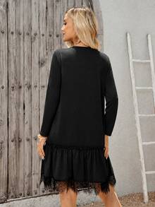 EMERY ROSE Women's Solid Color Round Neck Long Sleeve Contrast Lace Ruffle Hem Casual Short Dress - Black - View 2