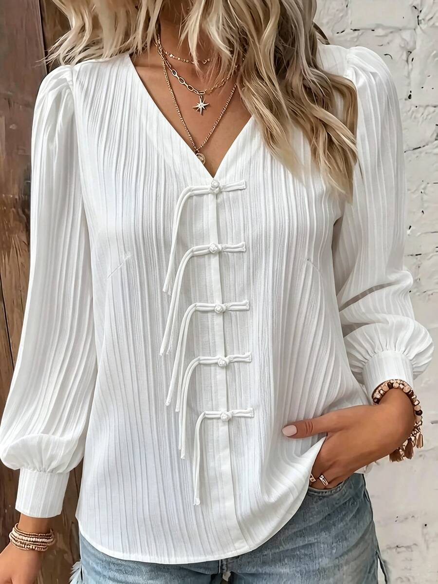 SHEIN LUNE CURVE Plus Size V-Neck Elegant New Chinese Style Frog Button Decor Long Sleeve Blouse - White - View 1