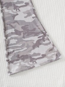 SHEIN 女童海軍藍折疊低腰馬術小馬印花喇叭褲，彈性百搭修身喇叭口運動內搭褲，舒適春秋日常校園休閒外穿 - 灰色 - 查看 8