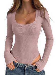 SHEIN 女款純色極簡長袖連身衣，日常穿著 - 藕粉色 - 查看 5