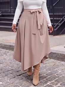 Slaydiva Plus Size Women's Skirt, Khaki Tie Waist Asymmetrical Slit Flowy Midi Skirt Fall - Khaki - View 4