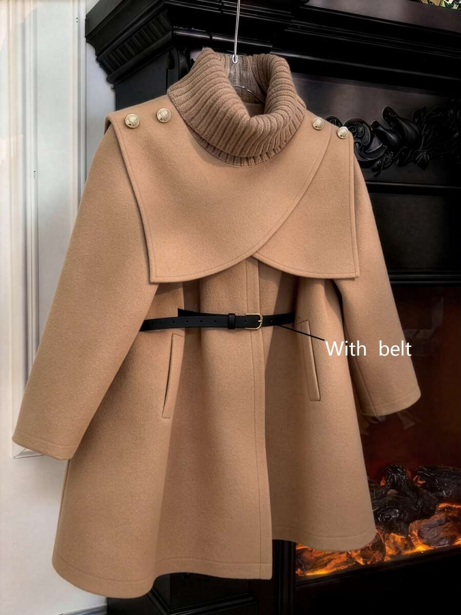GlowEve Women's Brown Maillard Style High Neck Wool Blend Patchwork Brushed Ribbed Collar Elegant Commuter Autumn/Winter - Khaki - View 1