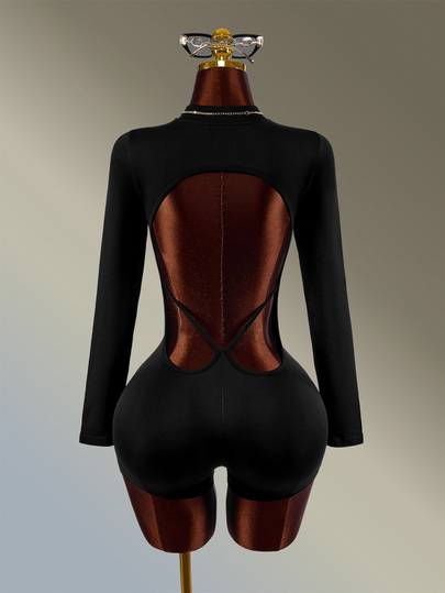 Amplova Women's Black Long Sleeve Open Back High Neck Shorts Jumpsuit