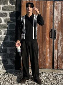DAZY 男士時尚休閒毛衣，對比色條紋領口 - 黑色 - 查看 3