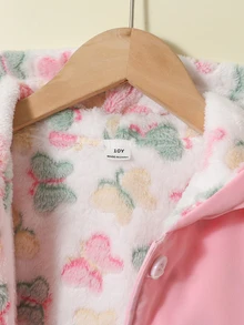 SHEIN 少女連帽加厚毛絨復古花卉中長款保暖外套，秋冬/假期 - 粉色 - 查看 4