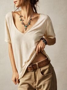 Bohemela Casual Solid Color Knit V-Neck Short Sleeve Loose Fit Women's T-Shirt - Apricot - View 4