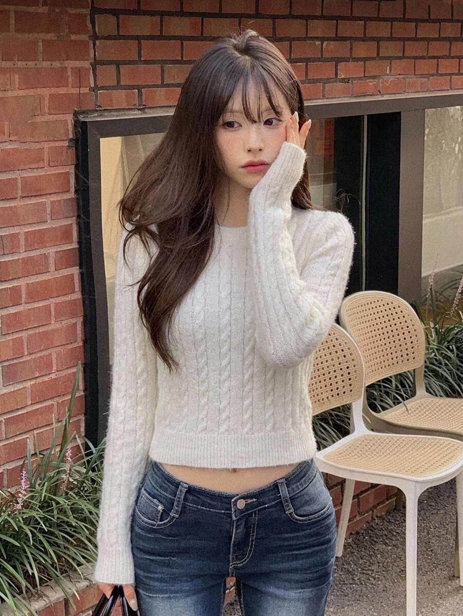 DAZY Women's Solid Color Fitted Short Long Sleeve Crew Neck Casual Daily Vacation Korean Style Autumn/Winter Knit Sweater - White - View 1
