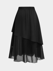 Sweetra Weetra Women's Fashion High-End Elegant Design Mesh Patchwork Black Flowy A-Line Skirt - Black - View 2