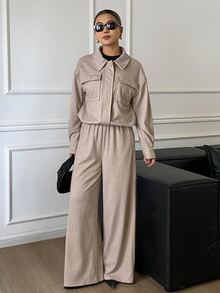 DAZY Women's Beige Lapel Zipper Pocket Long Sleeve Jacket With Matching High Waist Loose Wide Leg Pants 2 Pieces Set - Khaki - View 7