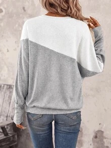SHEIN LUNE 女款拼色休閒日常長袖運動衫 - 灰色 - 查看 9