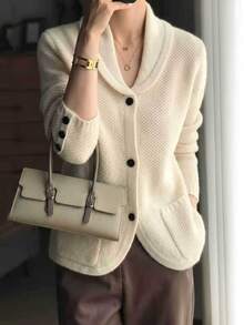 Zayélia Women's Autumn/Winter Solid Color Minimalist Comfortable Button Pocket Cardigan - Apricot - View 4