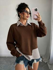 Selianne 2025新款早秋熱銷女款時尚休閒百搭設計 2合1亞麻條紋拼接翻領衛衣，適合日常穿著與度假風格 - 咖啡棕 - 查看 2