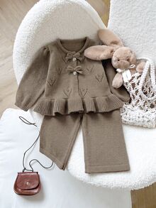 SHEIN Gentle Style Baby Girl Hollow Heart Jacquard Knit Set, Bow Knot Button Cardigan, Frill Trim Sweater, Flare Pants, 2 Pieces Set - Camel - View 3