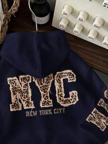 Comfortcana 休閒極簡風 NYC 豹紋英文字母海軍藍運動衫，適合秋冬穿著 - 彩色 - 查看 3