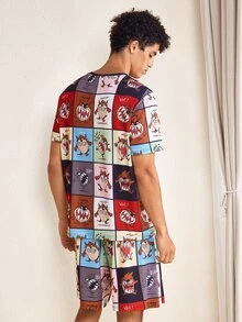 LOONEY TUNES X SHEIN Men's Cartoon Print Short-Sleeve Shirt And Shorts Loungewear Set - Multicolor - View 2