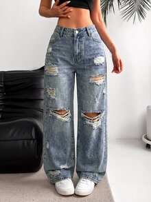 SHEIN Tall Women's Loose Distressed Denim Jeans - Blue - View 3